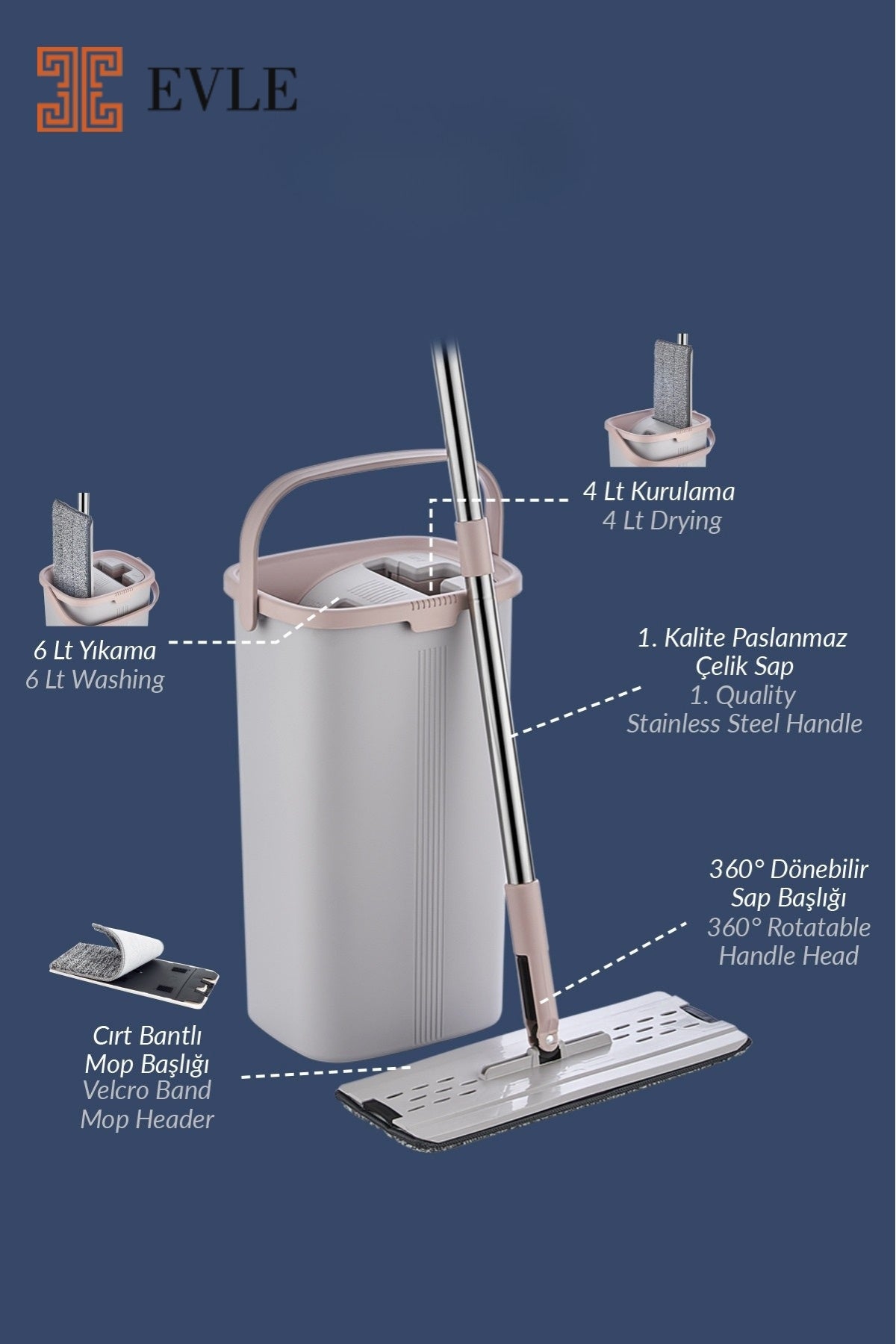 Lavine Premium Flat Mop Seti | Gri, Su Tahliyeli Kova, Paslanmaz Çelik Sap