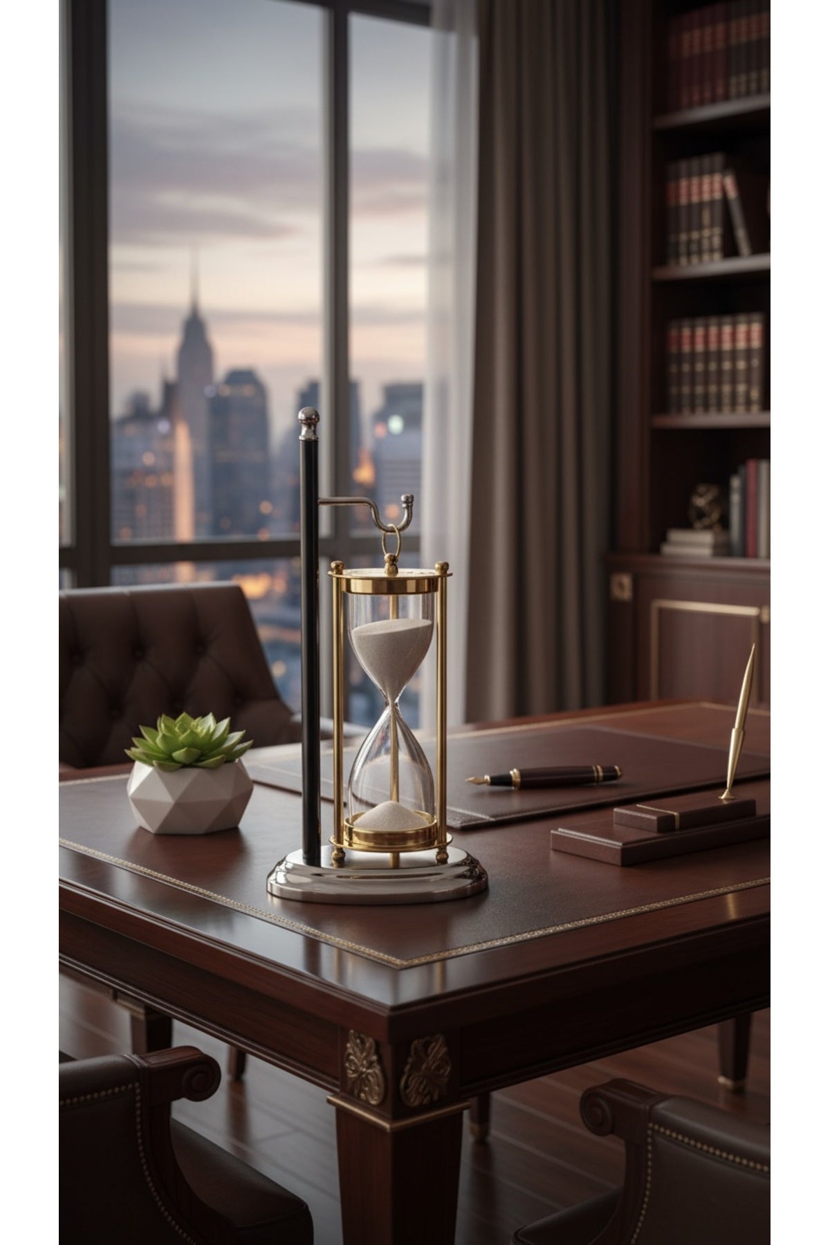 Evle Siyah Standlı Askılı Kum Saati 28 cm Altın Gümüş Detaylı Beyaz Kumlu Dekoratif Lüks Ofis Hediyelik