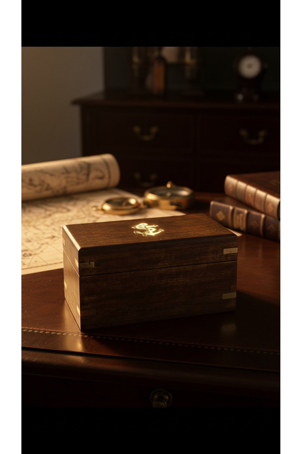 Ahşap Hediye Kutulu Pusulalı Kum Saati 12 cm Eskitme Metal Denizci Çapa Temalı Masaüstü Aksesuar