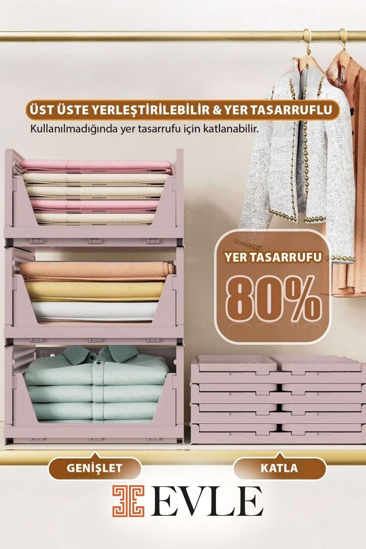 Evle Fold & Go Katlanır 3lü Organizer Kayar Raf, Mavi