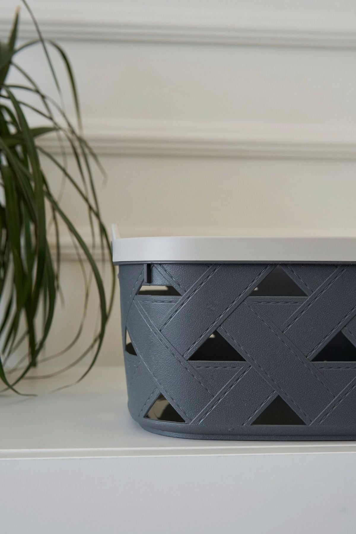 Deri Desenli Saklama ve Düzenleme Sepet Takımı (4'lü), Gri