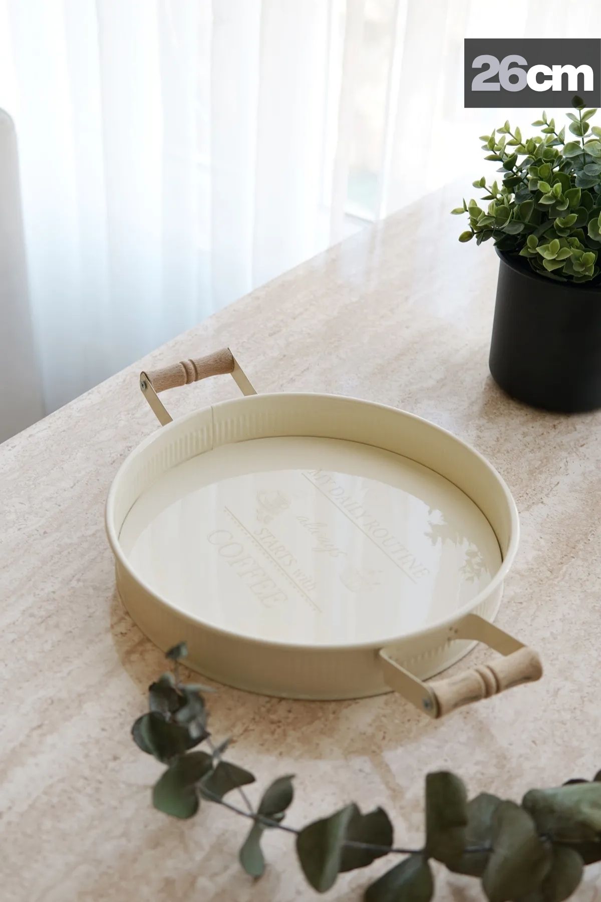 3'lü Ahşap Kulplu Yuvarlak Metal Tepsi Seti, Krem Set