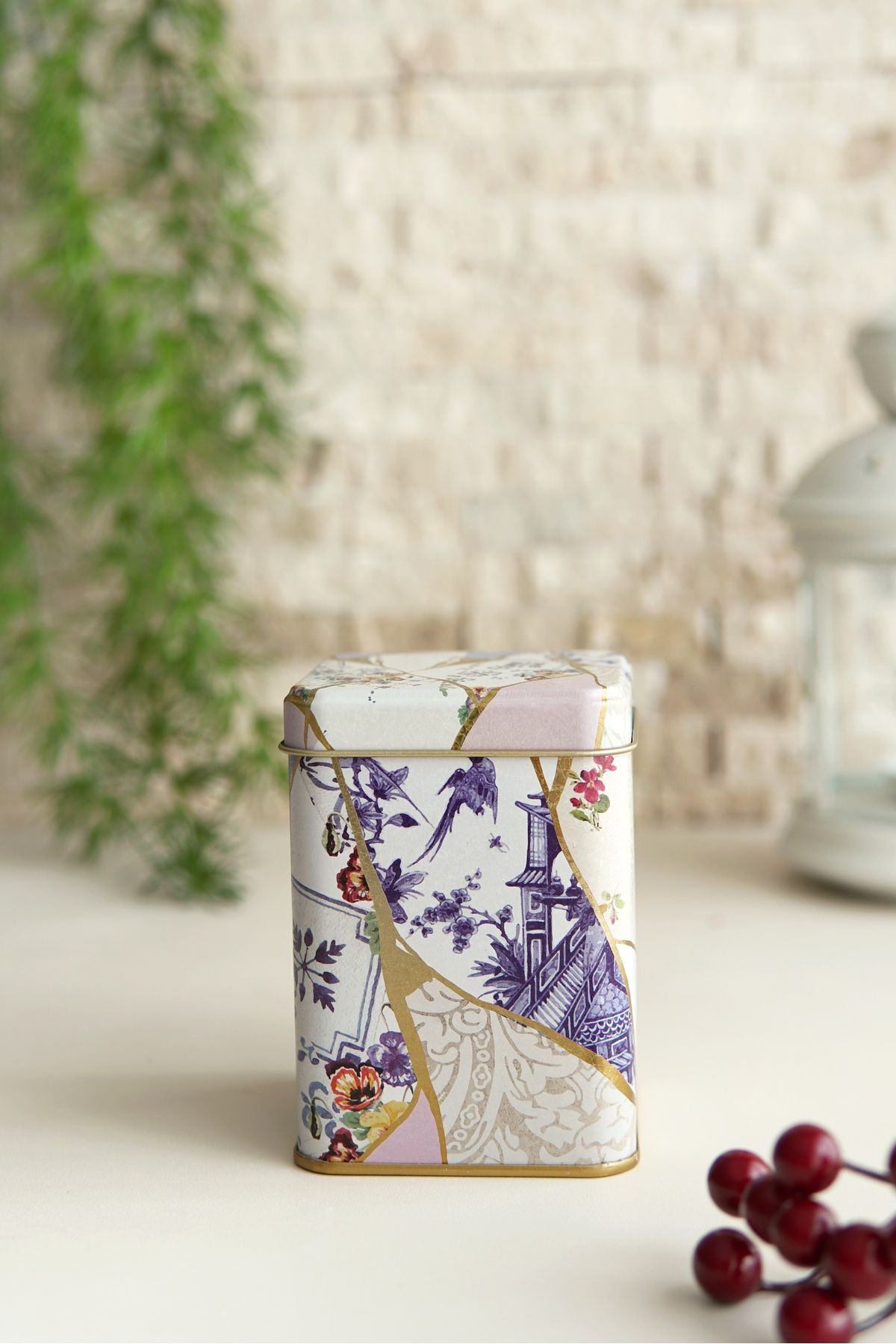 Er008-5ı Kint Sugi Flower Desenli Kare Metal Saklama Kabı 8x8 Cm