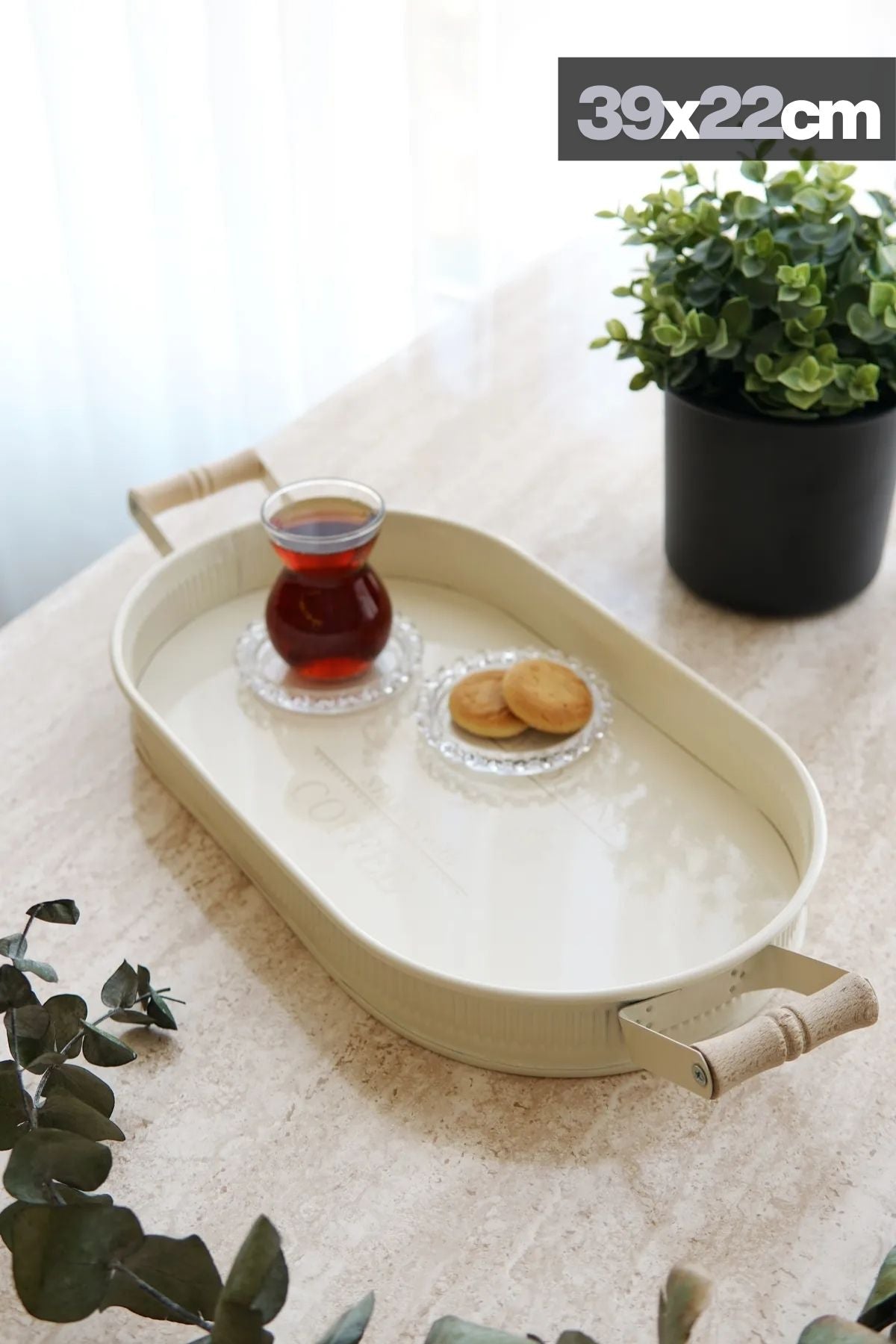 3'lü Ahşap Kulplu Metal Baton Tepsi Seti