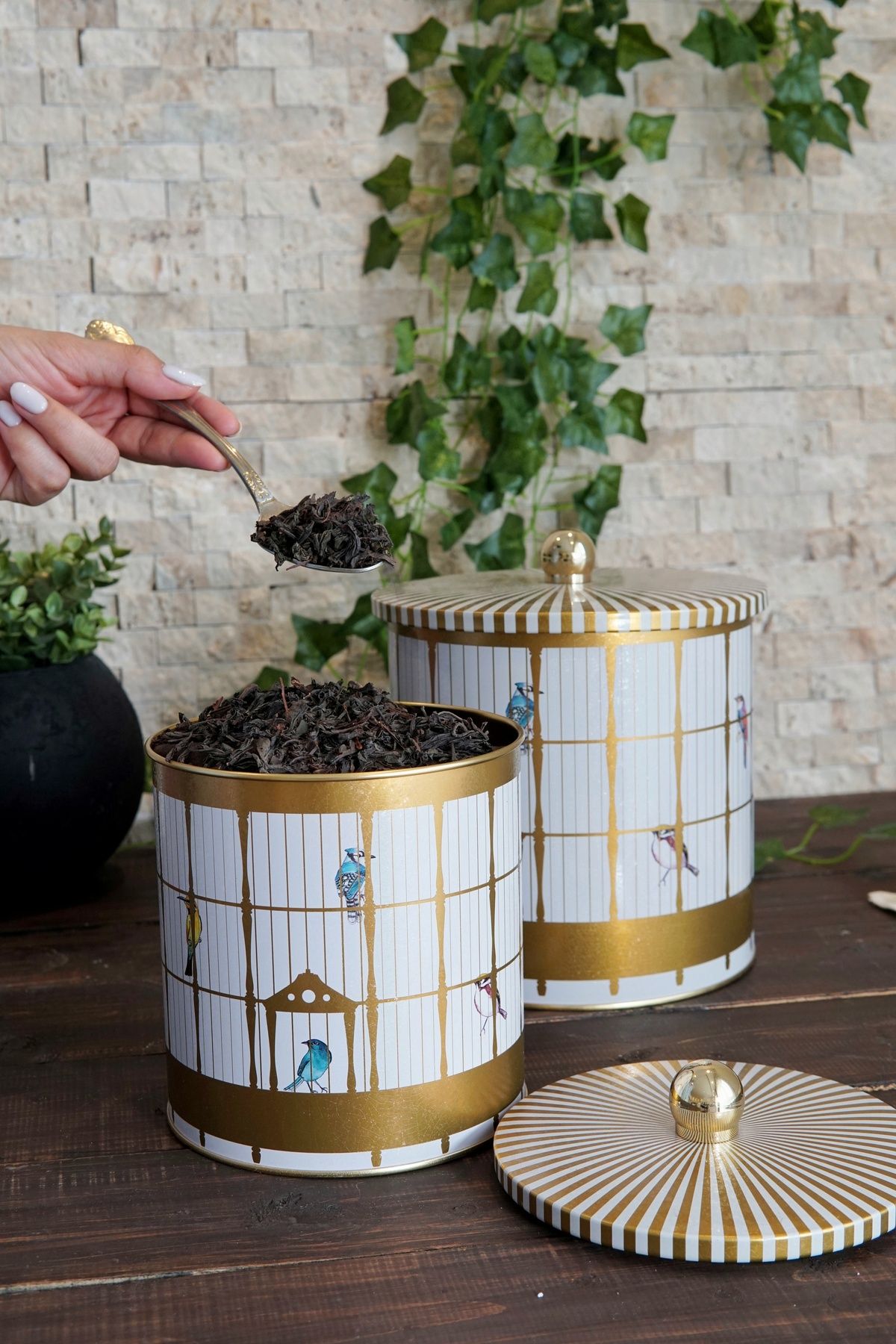 Birdcage Desenli Metal Saklama Kabı 2'li Set 2.1 Litre + 4.1 Litre  Erb48t7