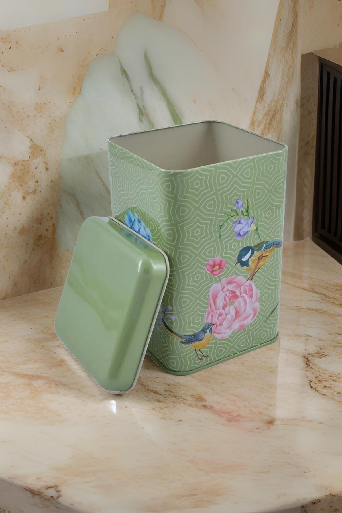 Ef022-d7 Blooming Green Desenli Kare Metal Saklama Kabı 11x11 Cm