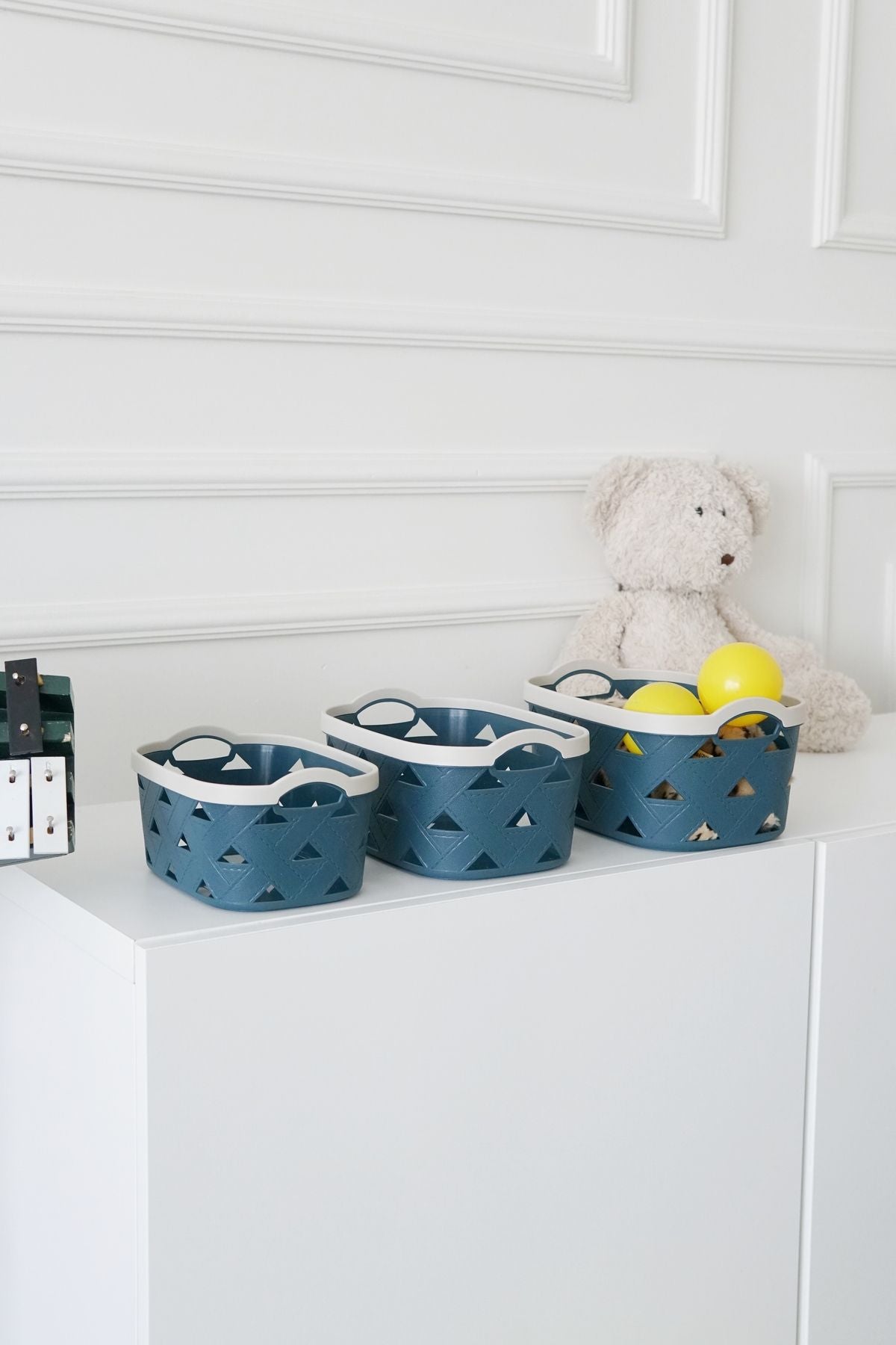 Deri Desenli Saklama ve Düzenleme Sepet Takımı (3'lü), Mavi