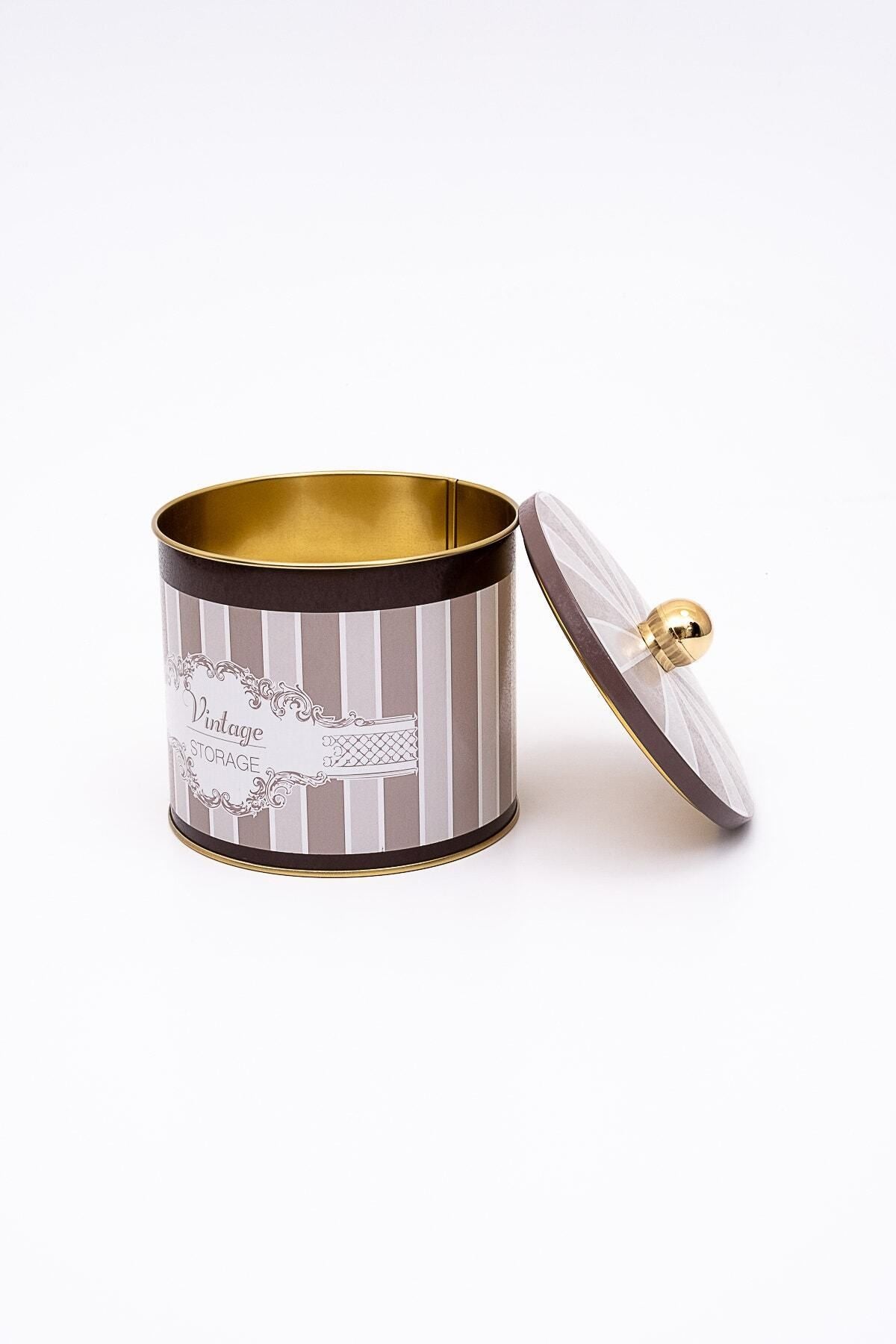 Elegance Desenli Yuvarlak Metal Saklama Kabı, Erzak Saklama Kabı - 14 Cm X 12,5 Cm Er142-6b