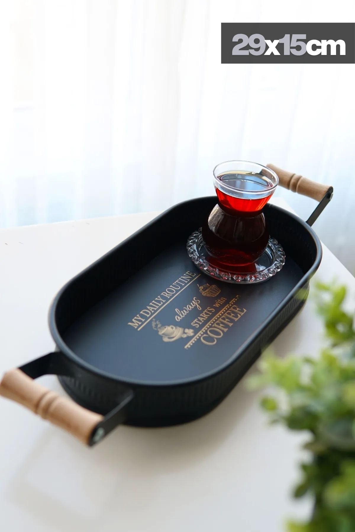 3'lü Ahşap Kulplu Metal Baton Tepsi Seti