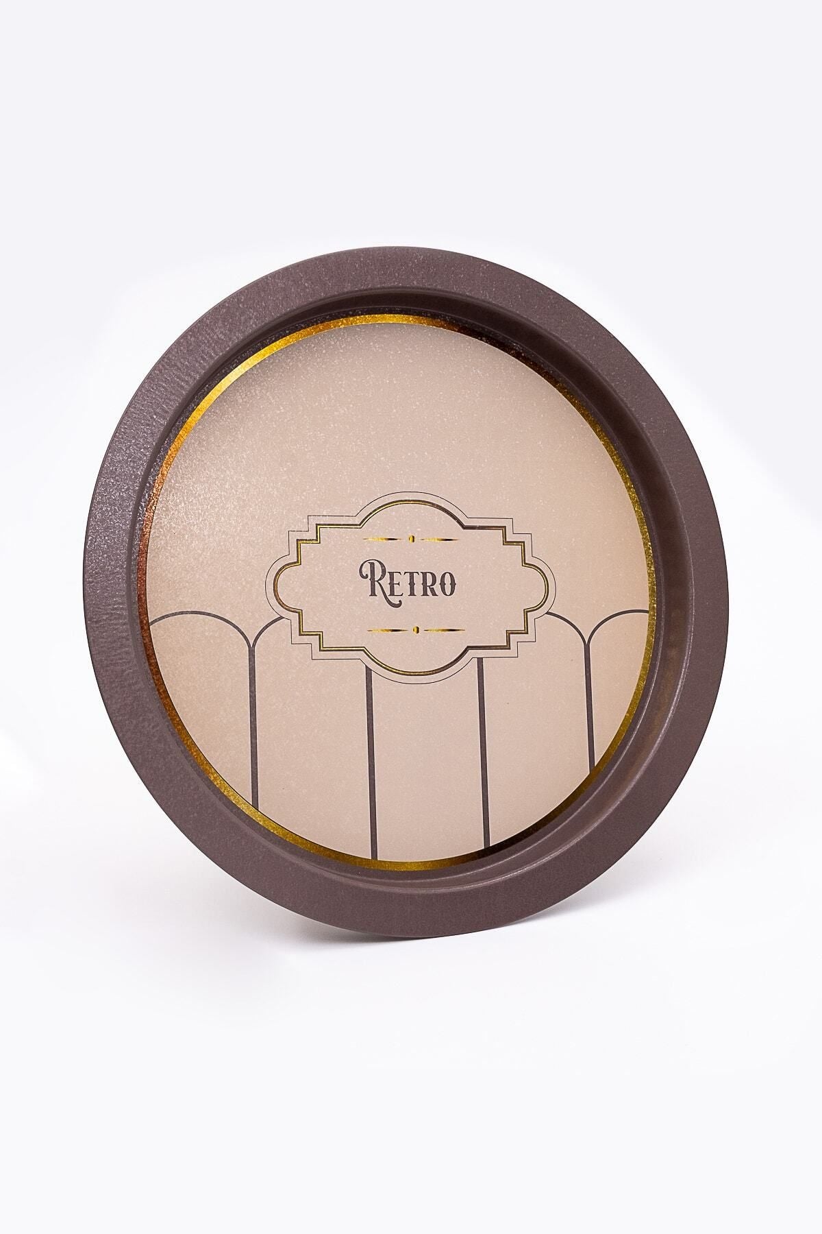 Retro Desenli Yuvarlak Metal Tepsi - Çay Kahve Tepsisi - Sunum Tepsisi 37 Cm Ee163-u6