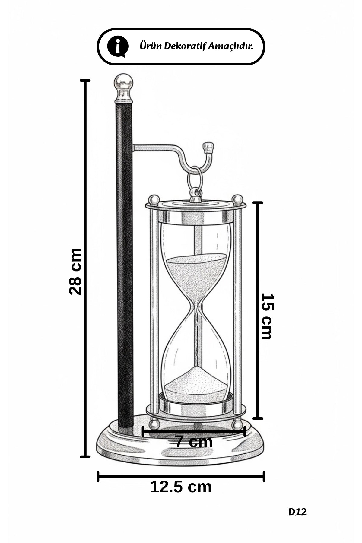 Evle Siyah Standlı Askılı Kum Saati 28 cm Altın Gümüş Detaylı Beyaz Kumlu Dekoratif Lüks Ofis Hediyelik
