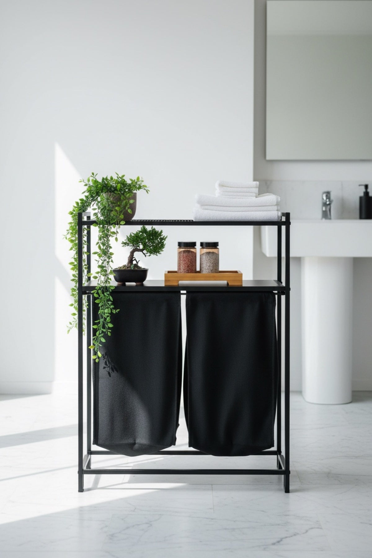 Banyo/Çamaşır Odası için 2 Raflı, 2 Bölmeli Metal Çamaşır Sepeti ve Düzenleyici Raf Ünitesi - Siyah