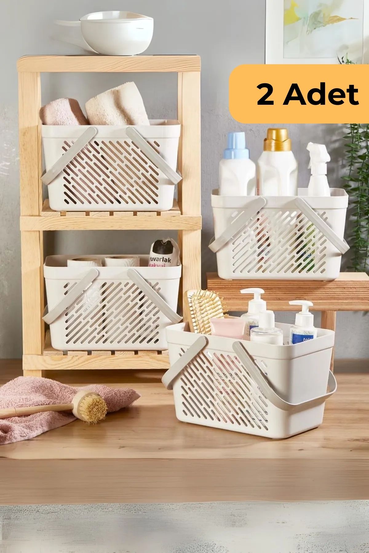 Çift Kulplu Çok Amaçlı Sepet, 2'li Set, Beyaz