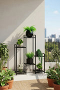 Evle 6 Raflı Siyah Metal Çiçeklik & Saksılık - Modern Dekoratif Balkon ve Salon Bitki Standı