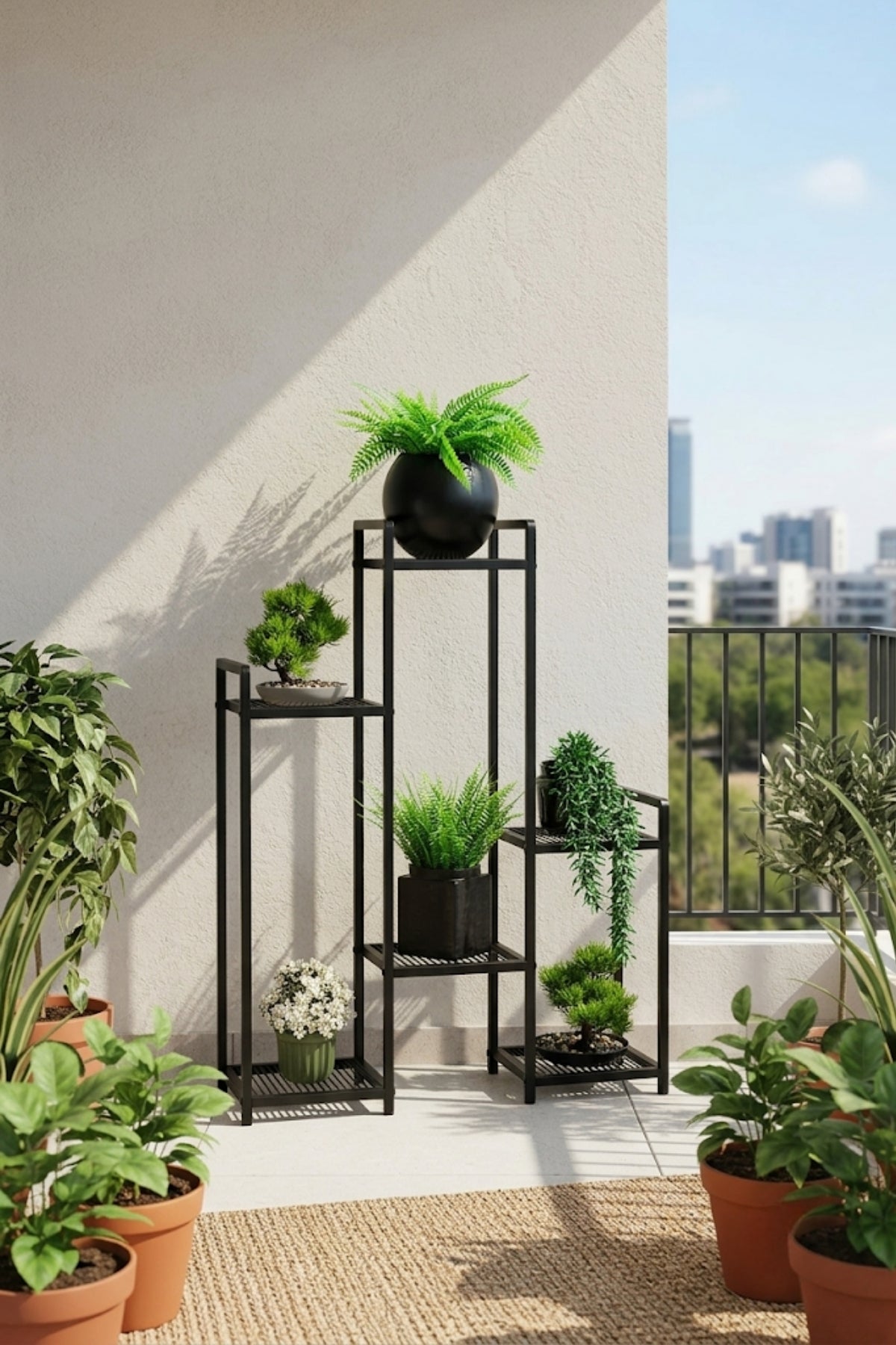 Evle 6 Raflı Siyah Metal Çiçeklik & Saksılık - Modern Dekoratif Balkon ve Salon Bitki Standı