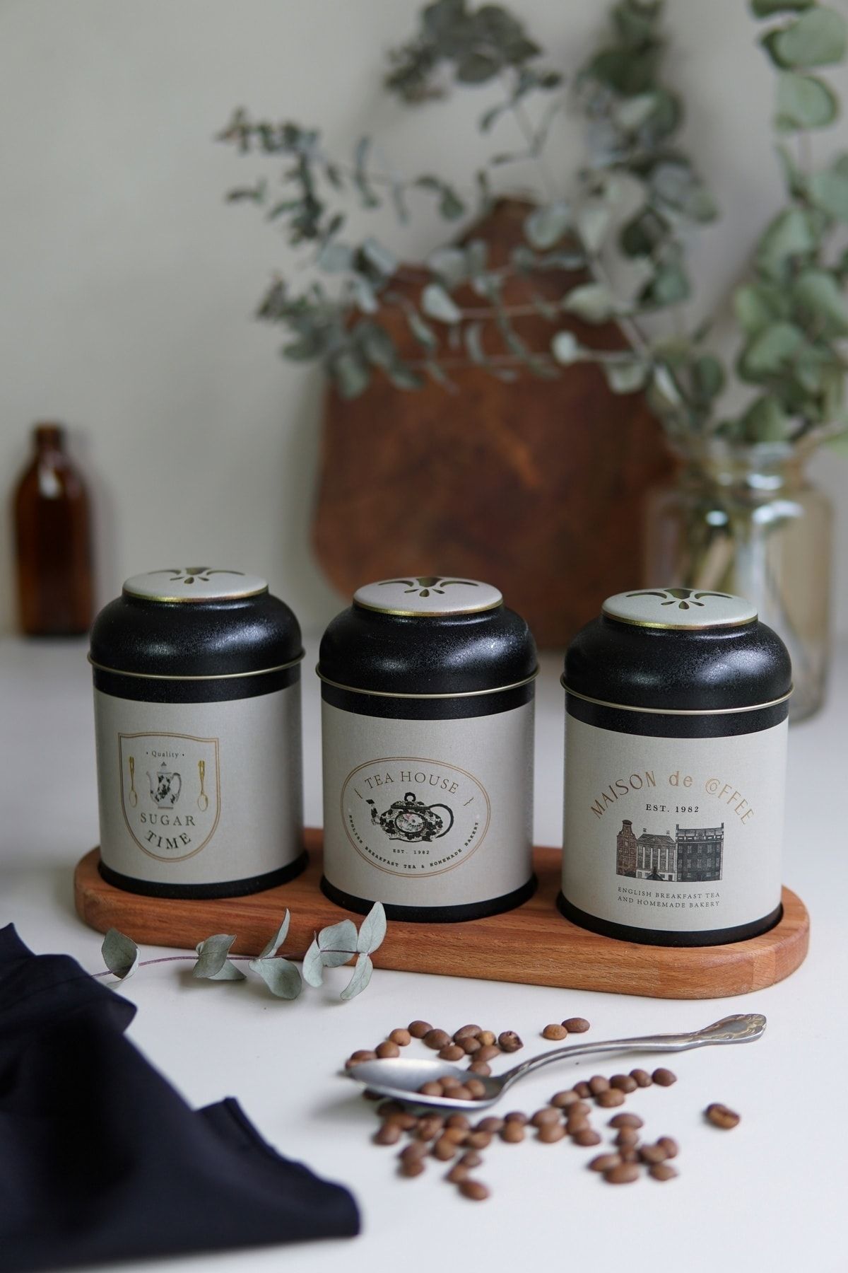 Silindir Saklama Kabı Ahşap Stantlı Ø90 3 Lü Set, Azura Erb55v3