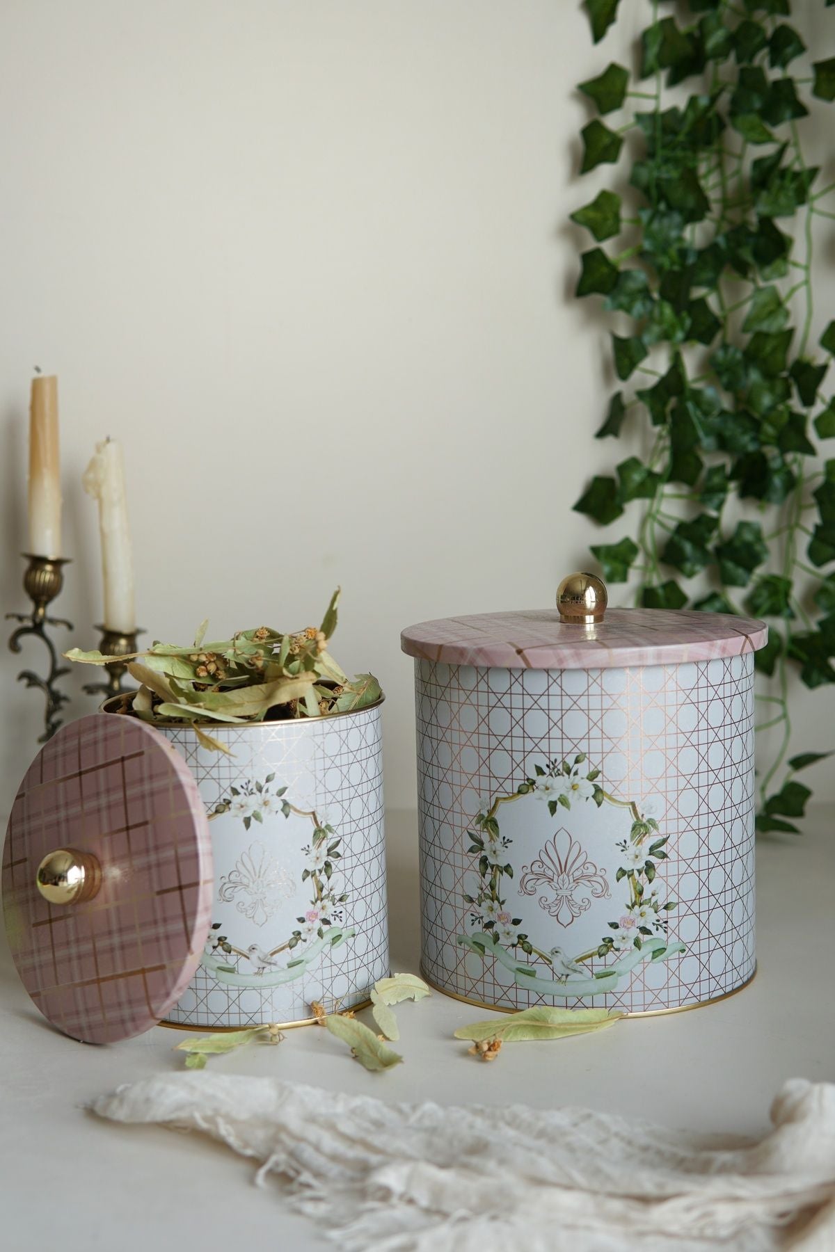 Rosy Desenli Metal Saklama Kabı 2'li Set 2.1 Litre + 4.1 Litre Erb48u7