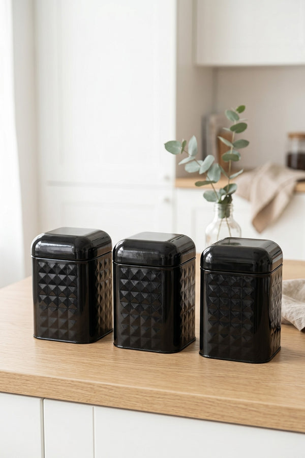 Evle 3'lü Set Kabartmalı Metal Saklama Kabı 1.3 lt Erzak Kutusu 10.8x10.8x11.8 cm Siyah