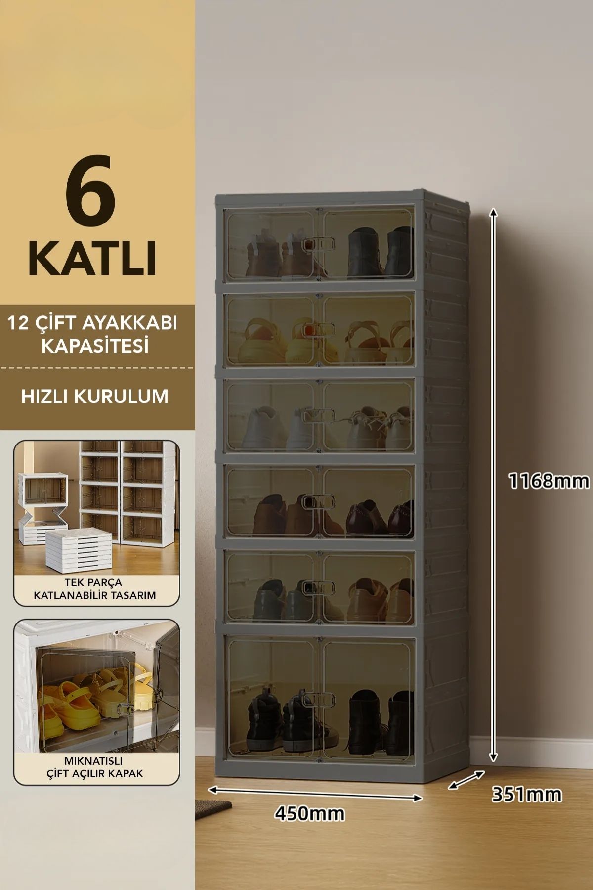 6 Katlı Katlanabilir Ayakkabılık, Modüler Ayakkabı Dolabı, Portatif Düzenleyici,Antrasit