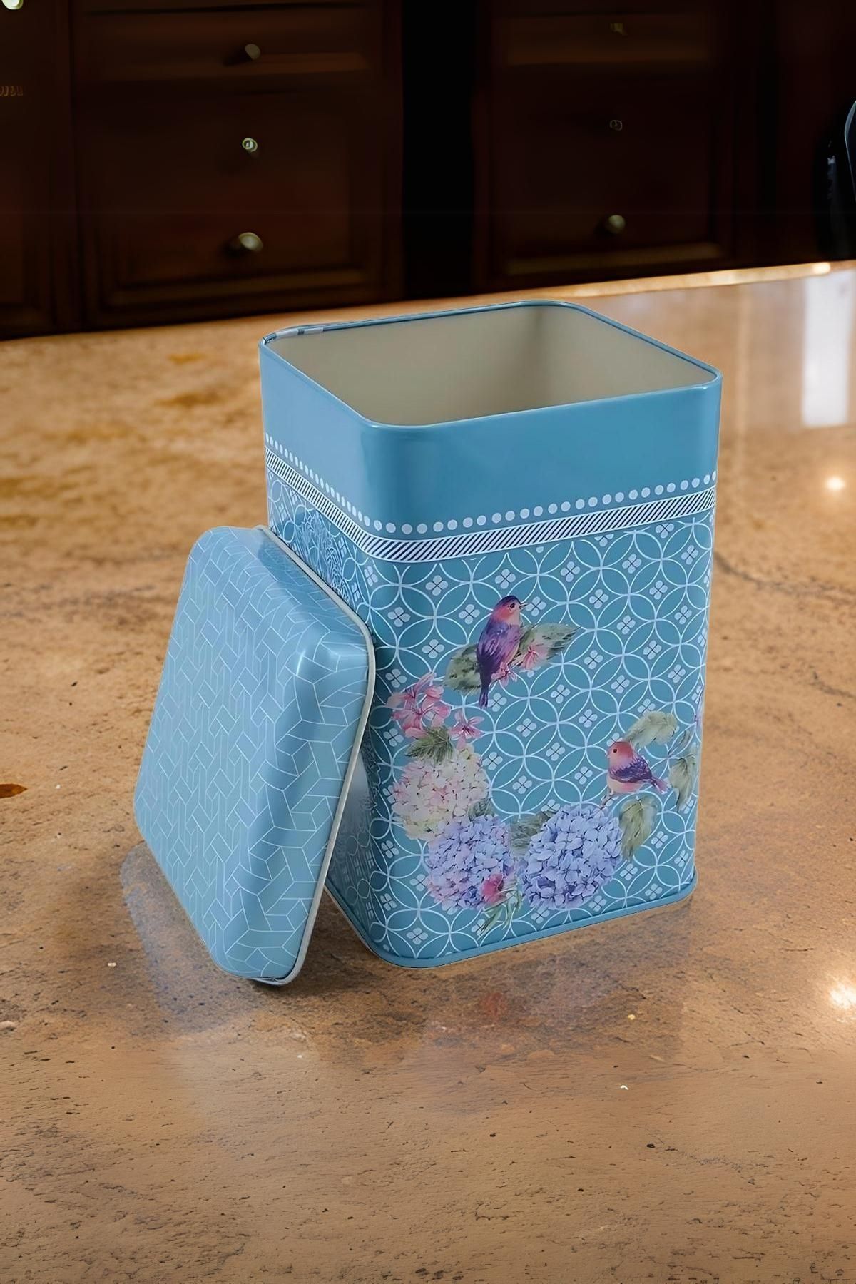 Ef022-d9 Blooming Blue Desenli Kare Metal Saklama Kabı 11x11 Cm