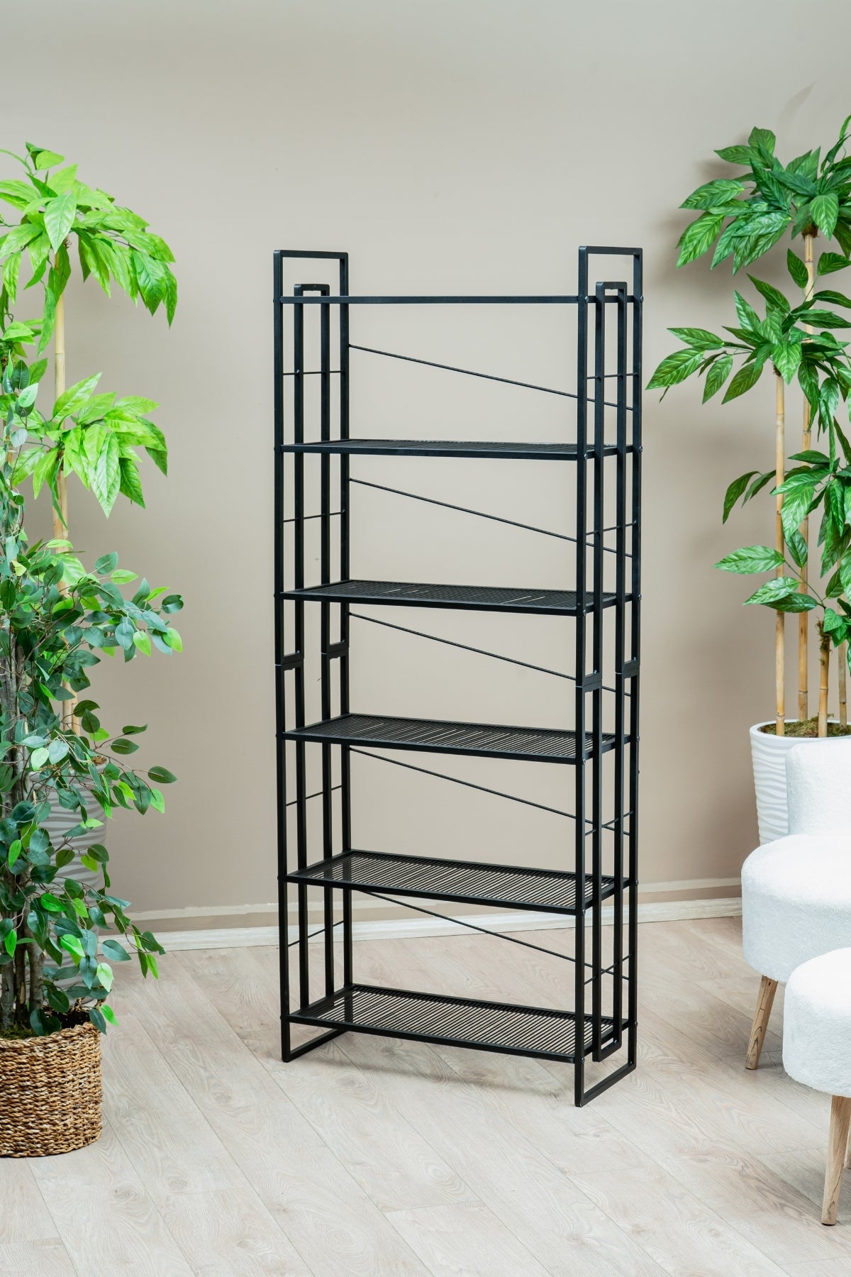 6 Raflı Metal Kitaplık, Modern Dekoratif Raf Ünitesi, Salon ve Ofis için Dosya Dolabı Standı