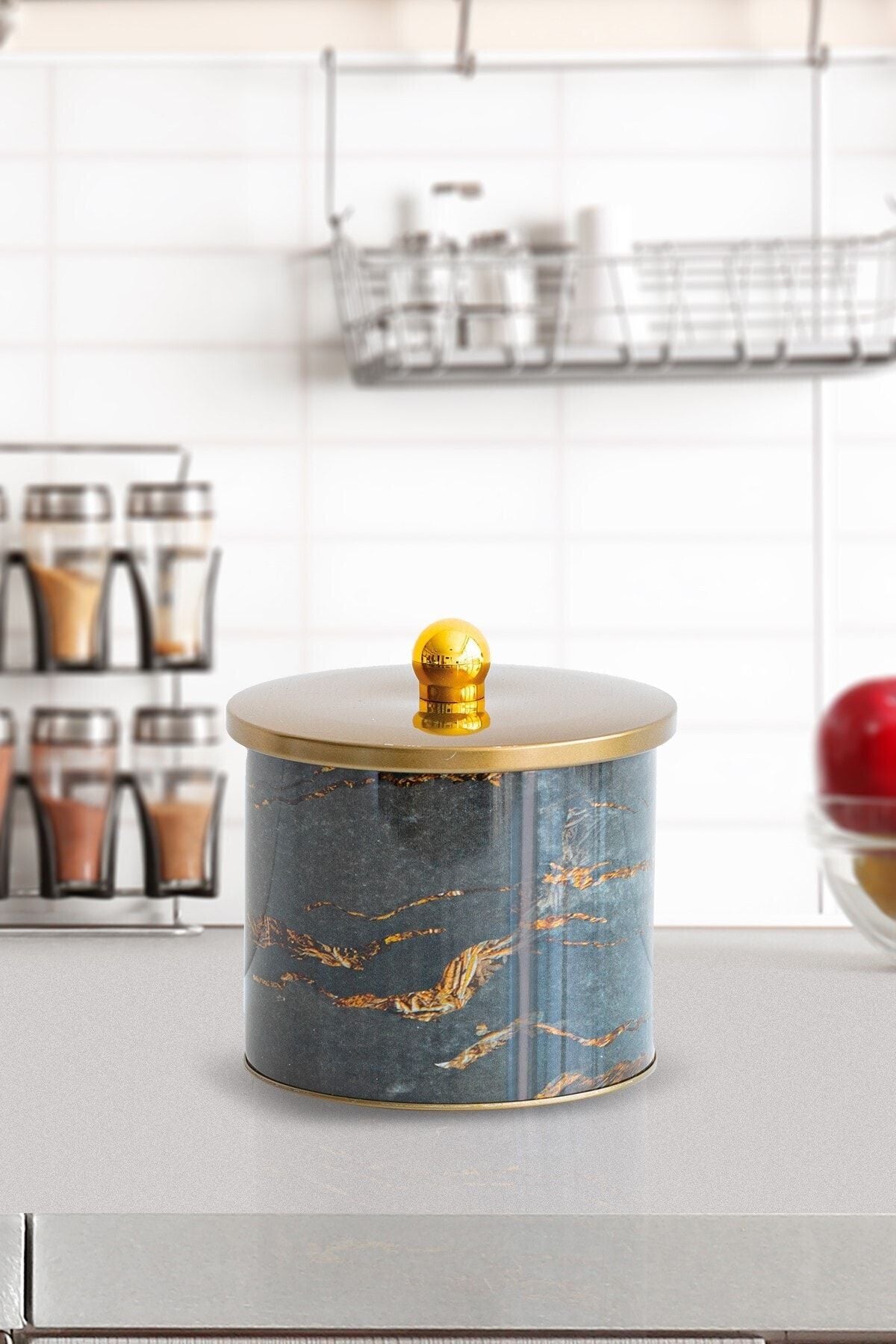 Ef142-h8 Rock And Gold Desenli Yuvarlak Metal Saklama Kabı 14 Cm