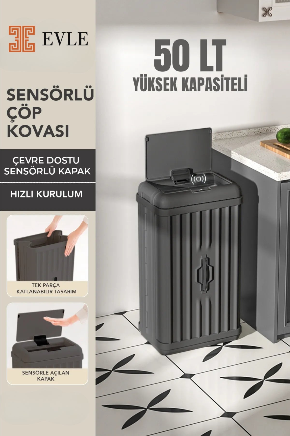 Evle Sensörlü Dekoratif Katlanabilir Plastik Çöp Kovası, 50 lt