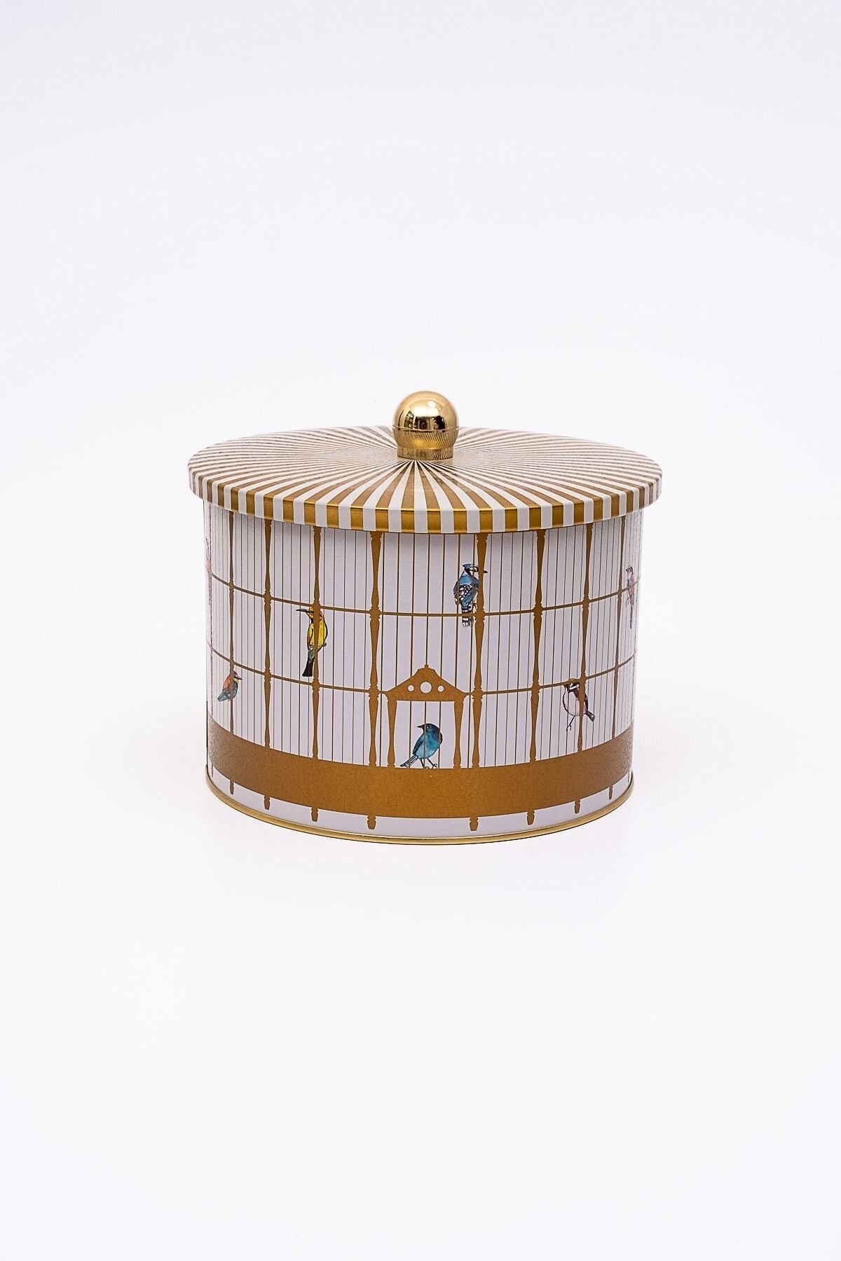Bird Cage Desenli Yuvarlak Metal Saklama Kabı 14 Cm, Erzak Kabı - Organizer 17,5 Cm X 13 Cm Er145-t7