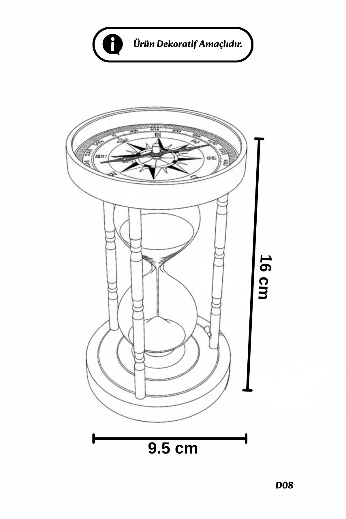Evle Füme Metal Çift Pusulalı Kum Saati 16 cm Siyah Kumlu Lüks Modern Masaüstü Hediyelik Aksesuar