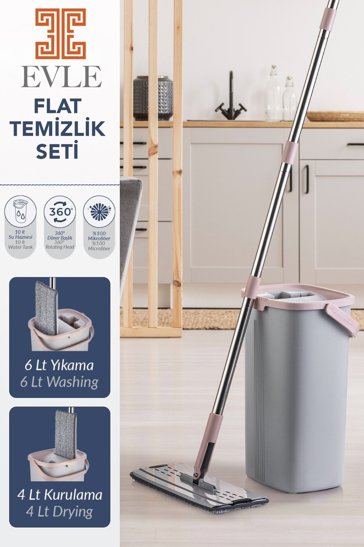 Lavine Premium Flat Mop Seti | Gri, Su Tahliyeli Kova, Paslanmaz Çelik Sap