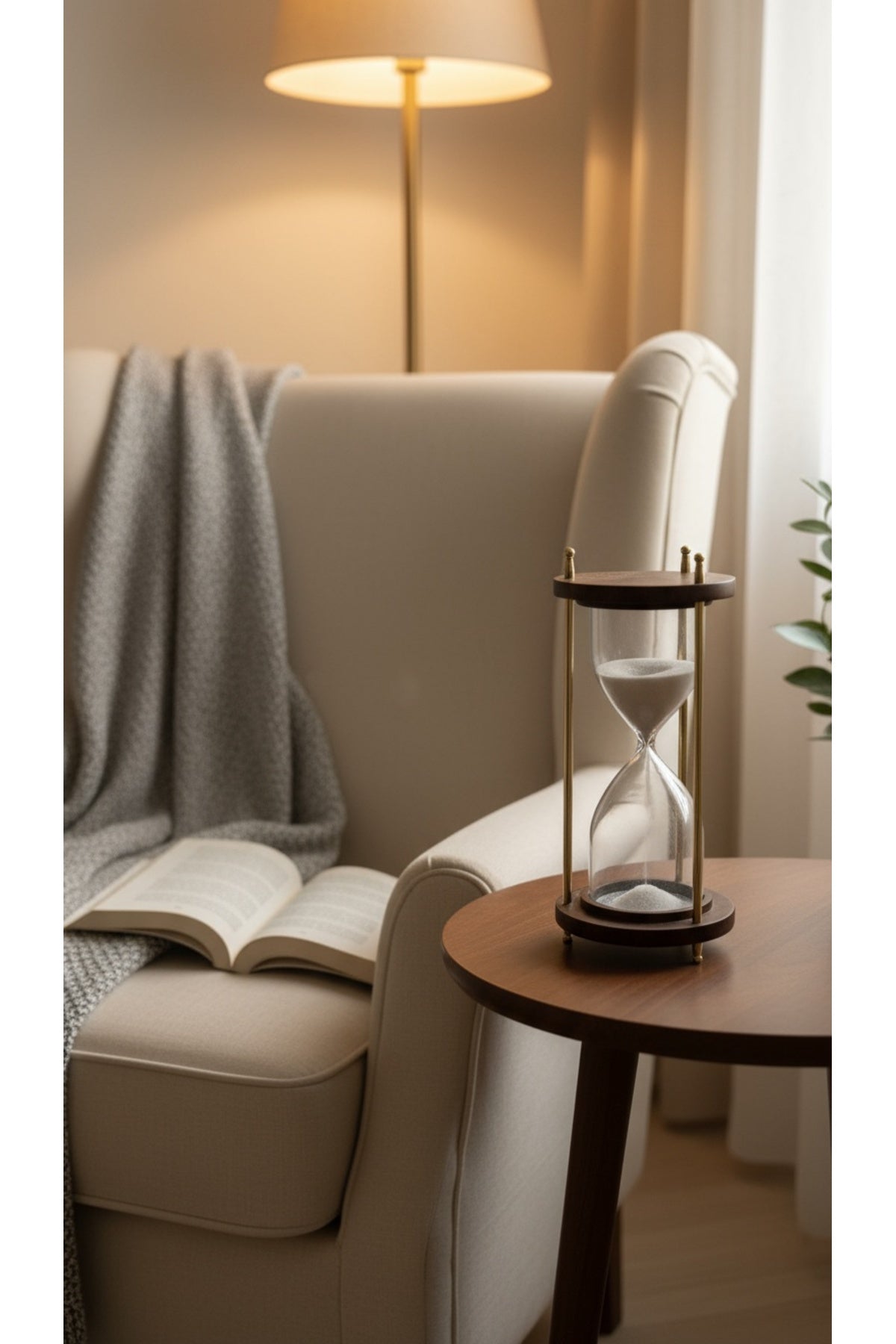 Ahşap Kaideli Dekoratif Kum Saati 14 cm Beyaz Kumlu Altın Rengi Metal Lüks Vintage Ofis Hediyelik