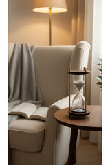 Ahşap Kaideli Dekoratif Kum Saati 14 cm Beyaz Kumlu Altın Rengi Metal Lüks Vintage Ofis Hediyelik