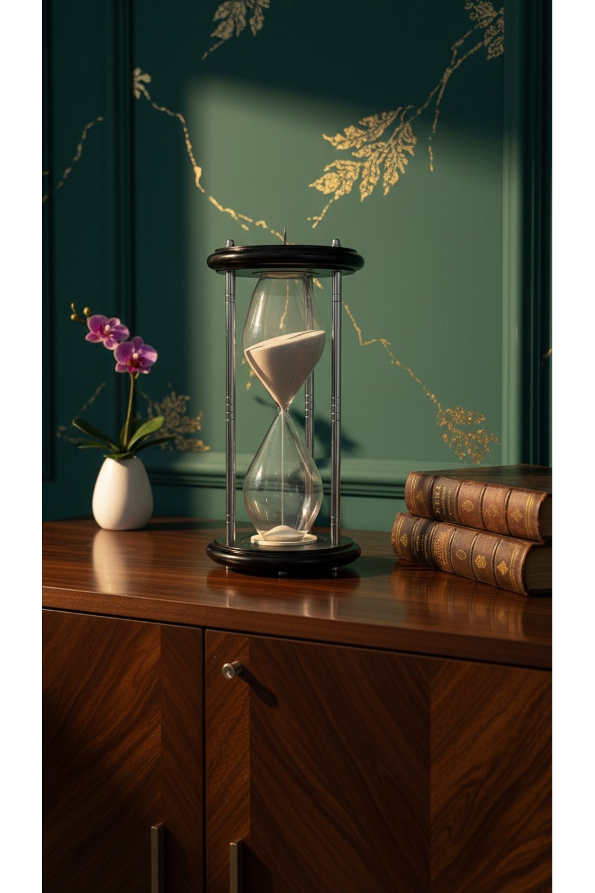 Dev Boy Güneş Saatli Kum Saati 31.5 cm Lüks Masaüstü Hediyelik Siyah Gümüş Modern Ofis Aksesuarı