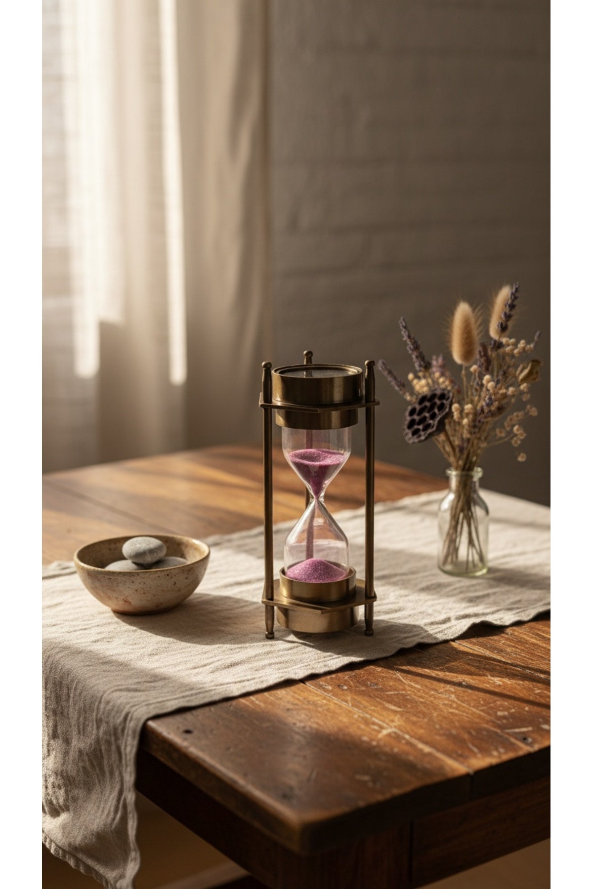 Eskitme Metal Çift Pusulalı Kum Saati 12 cm Mor Kumlu Dekoratif Vintage Masaüstü Aksesuar Hediyelik