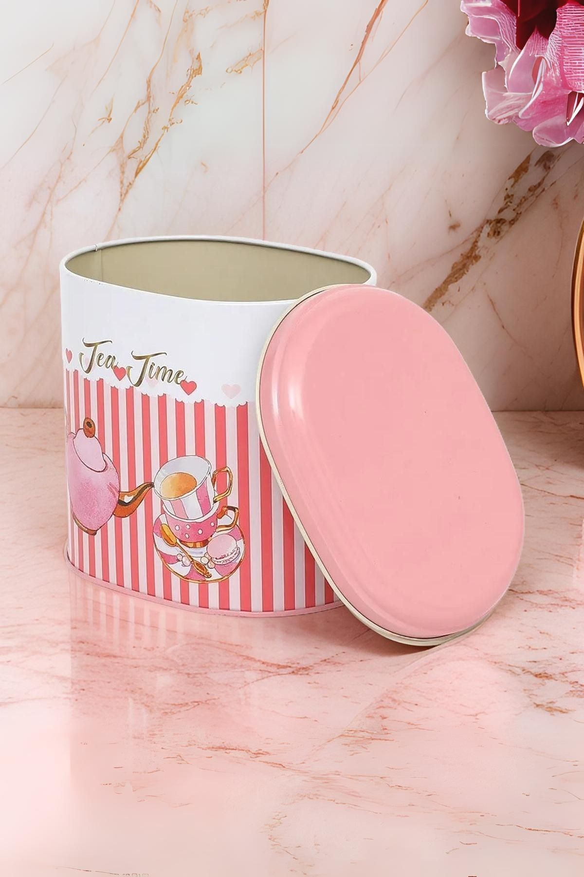 Ef004-e6 Sprinkles Tea Time Desenli Oval Metal Saklama Kabı 11x15 Cm