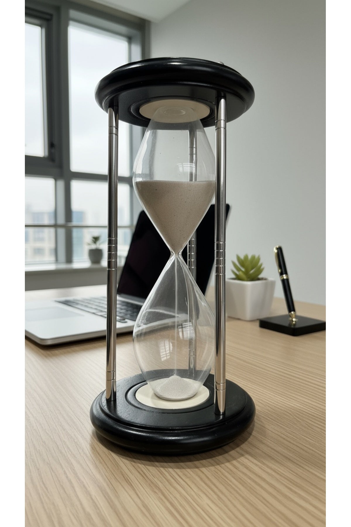 Dev Boy Güneş Saatli Kum Saati 31.5 cm Lüks Masaüstü Hediyelik Siyah Gümüş Modern Ofis Aksesuarı