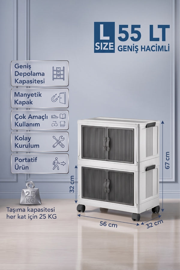 Evle Katlanabilir 2 Katlı "Large" 55 LT Tekerlekli Manyetik Kapaklı Portatif Saklama Dolabı Beyaz