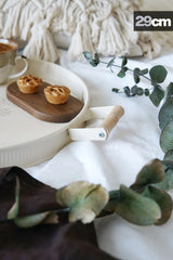 3'lü Ahşap Kulplu Yuvarlak Metal Tepsi Seti, Krem Set