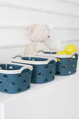 Deri Desenli Saklama ve Düzenleme Sepet Takımı (3'lü), Mavi