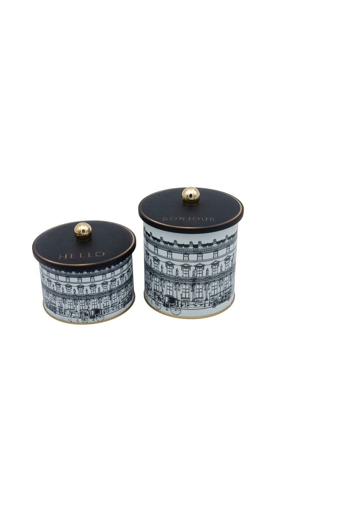 City Desenli Metal Saklama Kabı Seti - 2'li Set (1,7 lt - 3,5 lt)