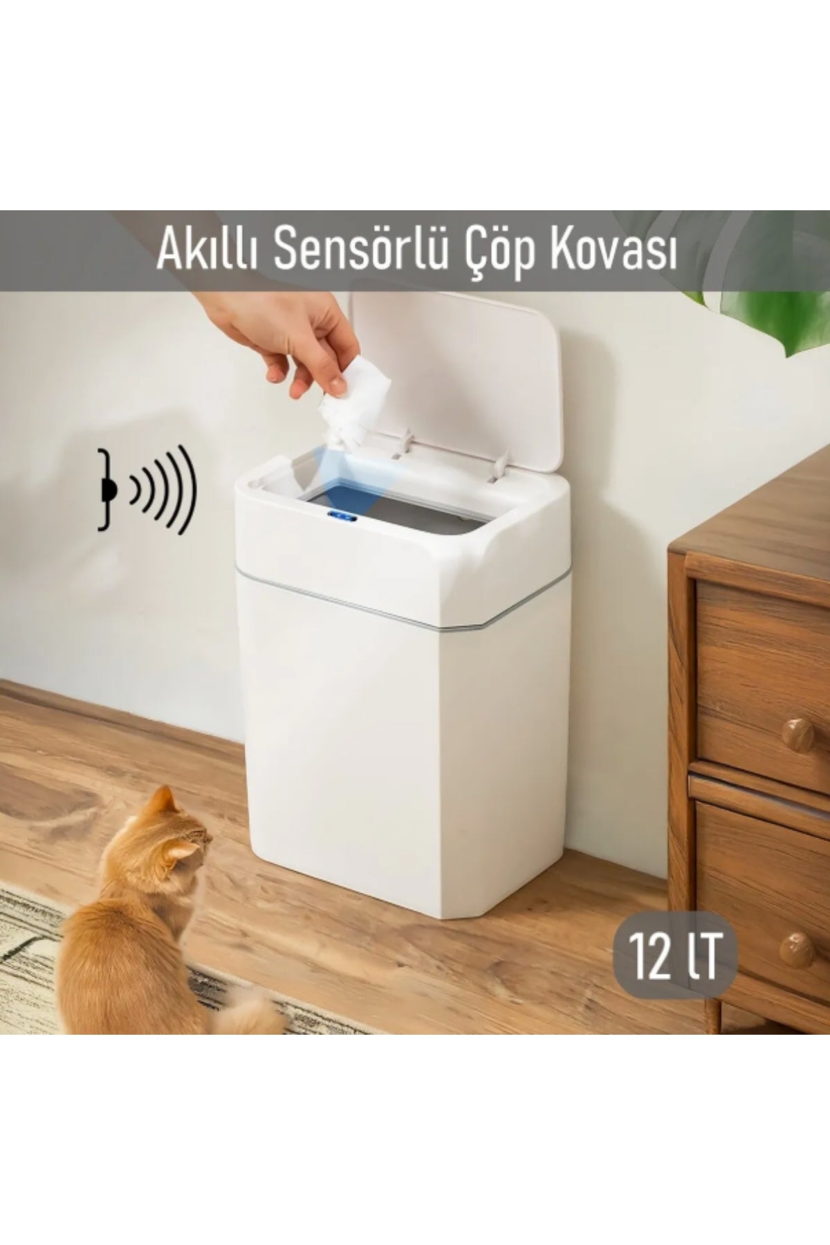 Evle Sensörlü Çöp Kovası 12 lt, Beyaz