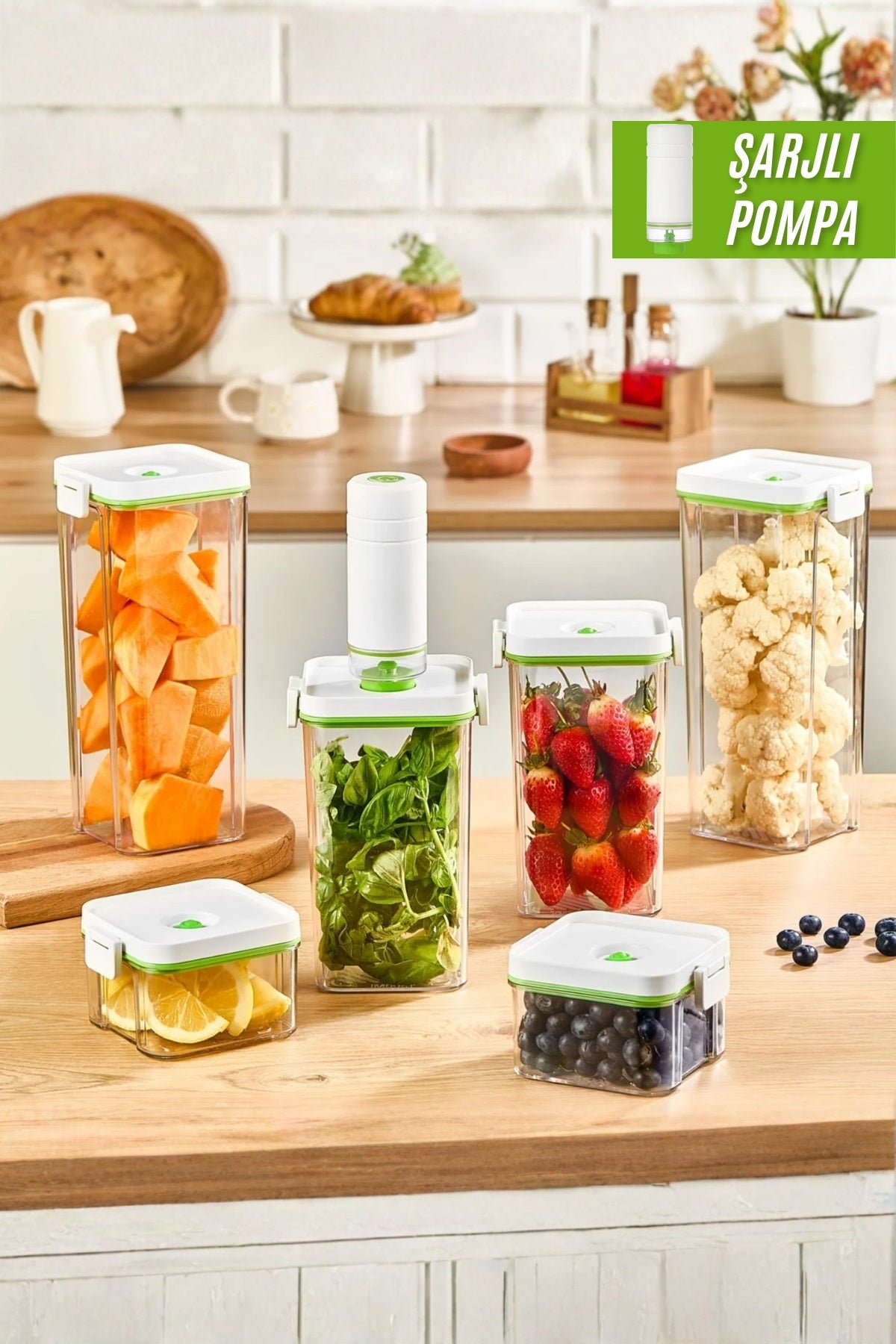 Evle Şarjlı Vakum 6 Parça Saklama Kabı Seti 2 lt + 1,3 lt + 0,5 lt