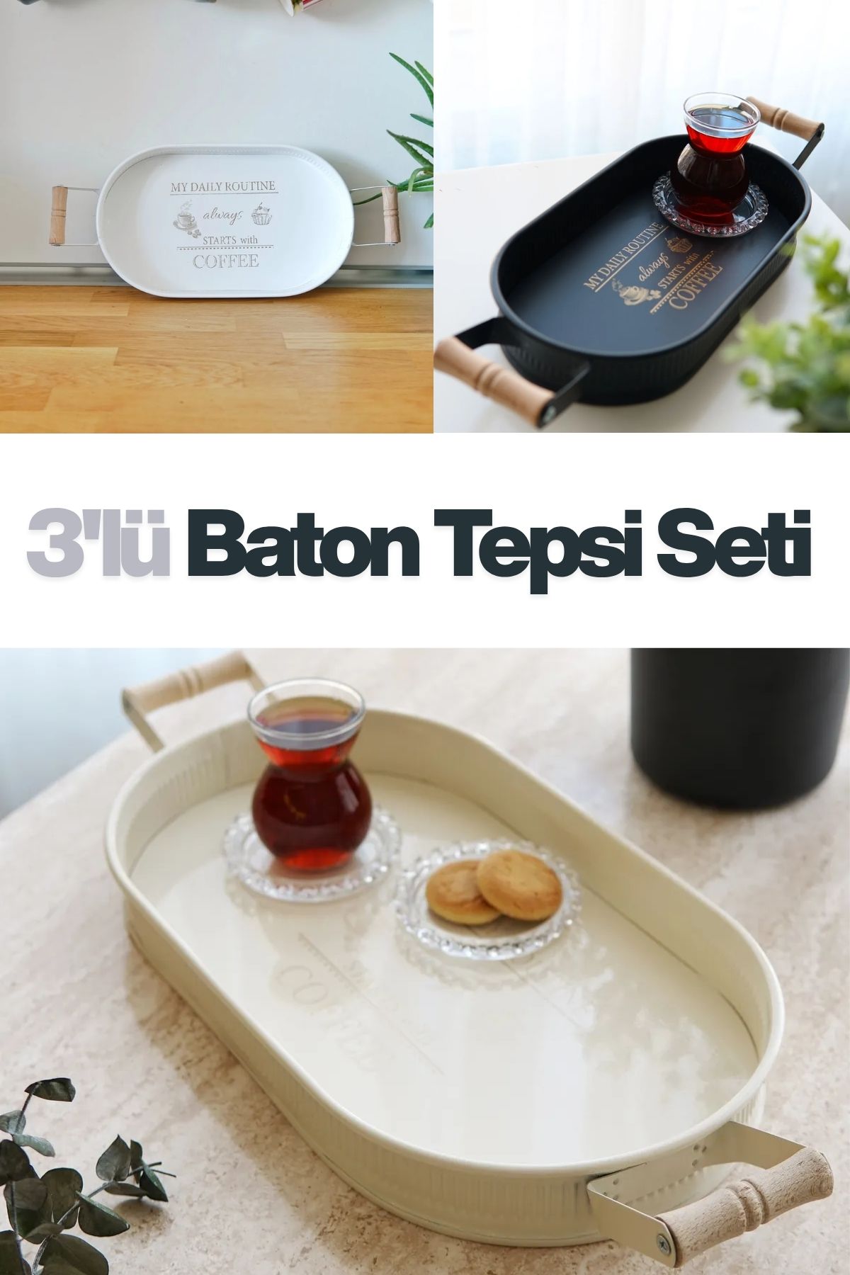 3'lü Ahşap Kulplu Metal Baton Tepsi Seti