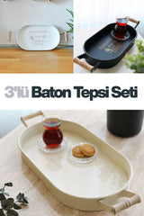 3'lü Ahşap Kulplu Metal Baton Tepsi Seti