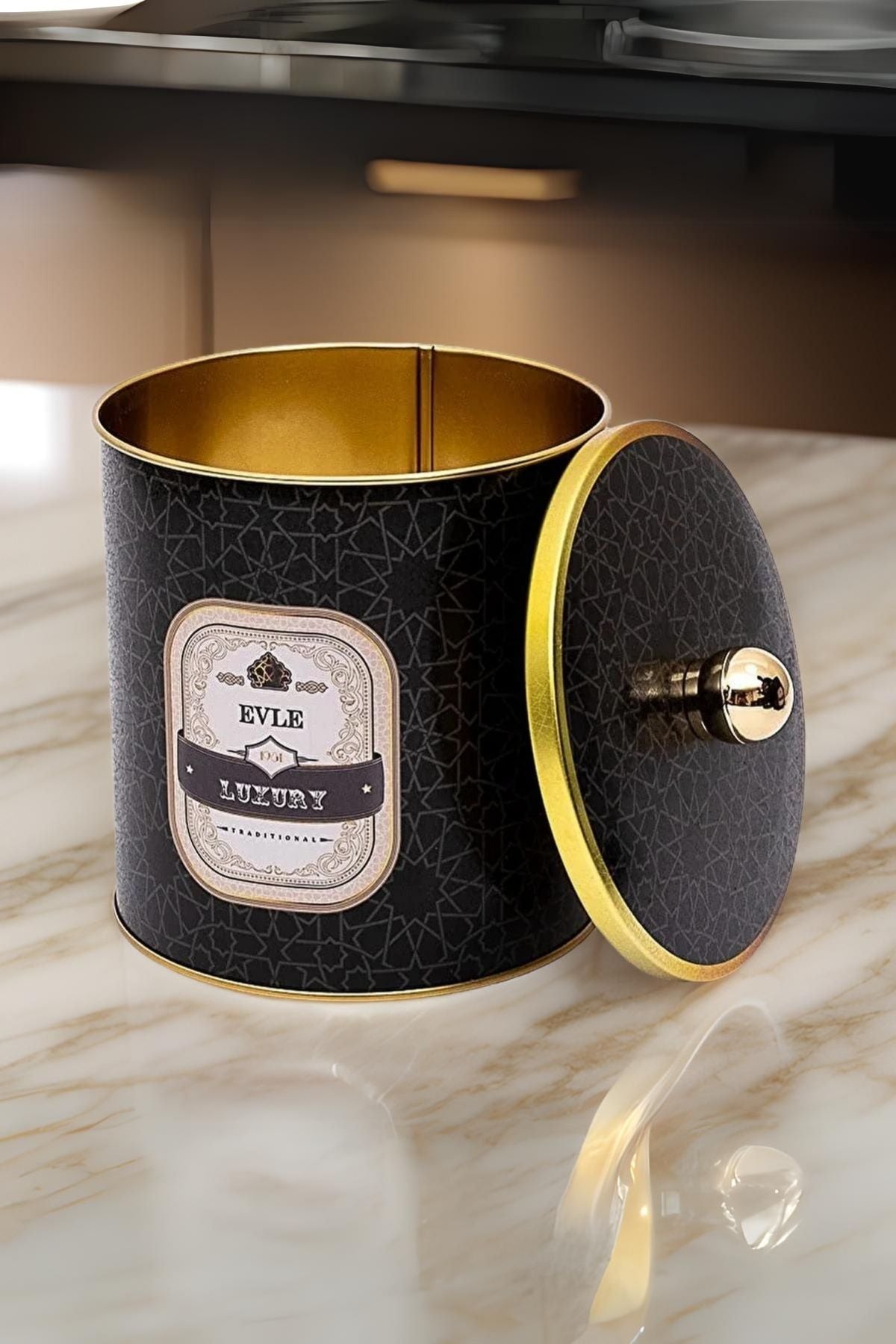 Trellis Desenli Yuvarlak Metal Saklama Kabı, Erzak Saklama Kabı 14 Cm X 15 Cm Er143-v2