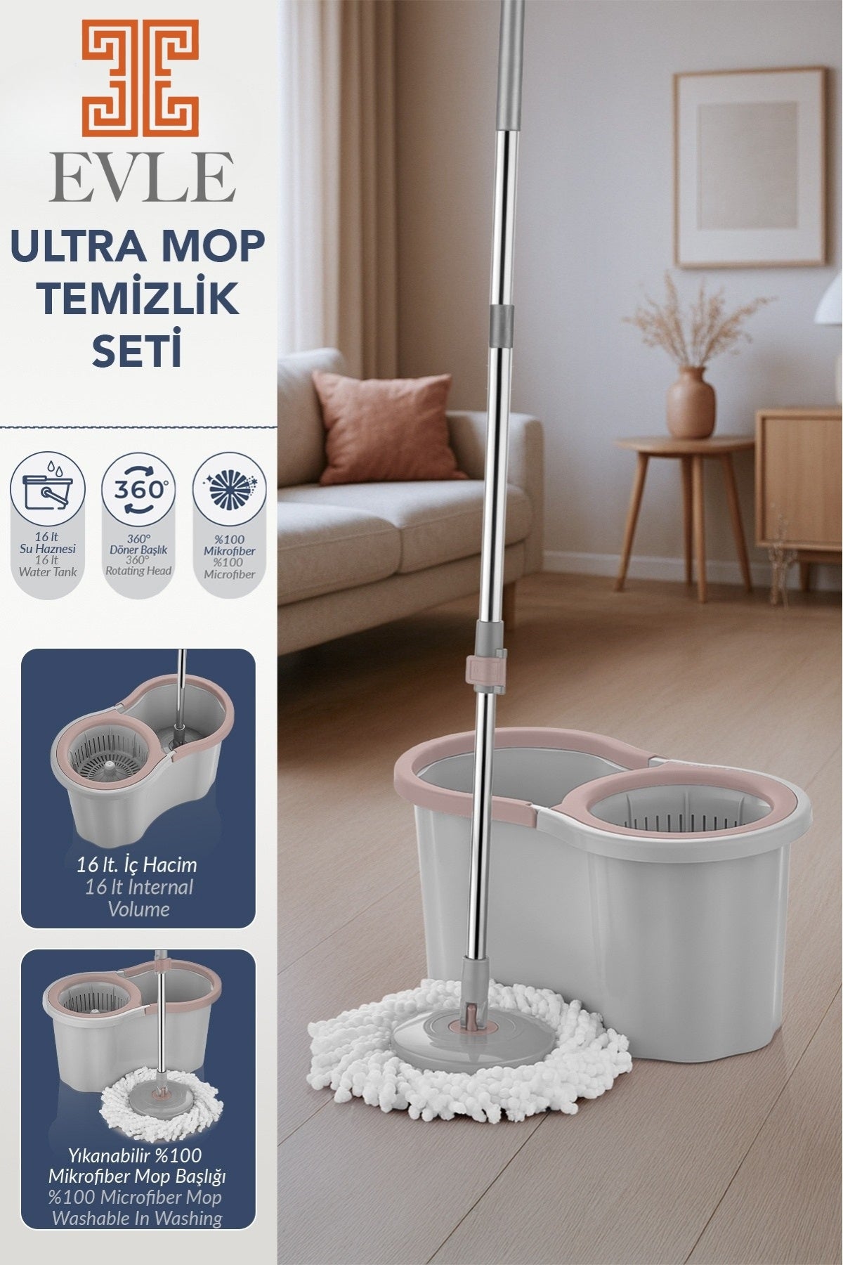 Lavine Premium 360 Mop Temizlik Seti – 16 L, Gri, Paslanmaz Sap