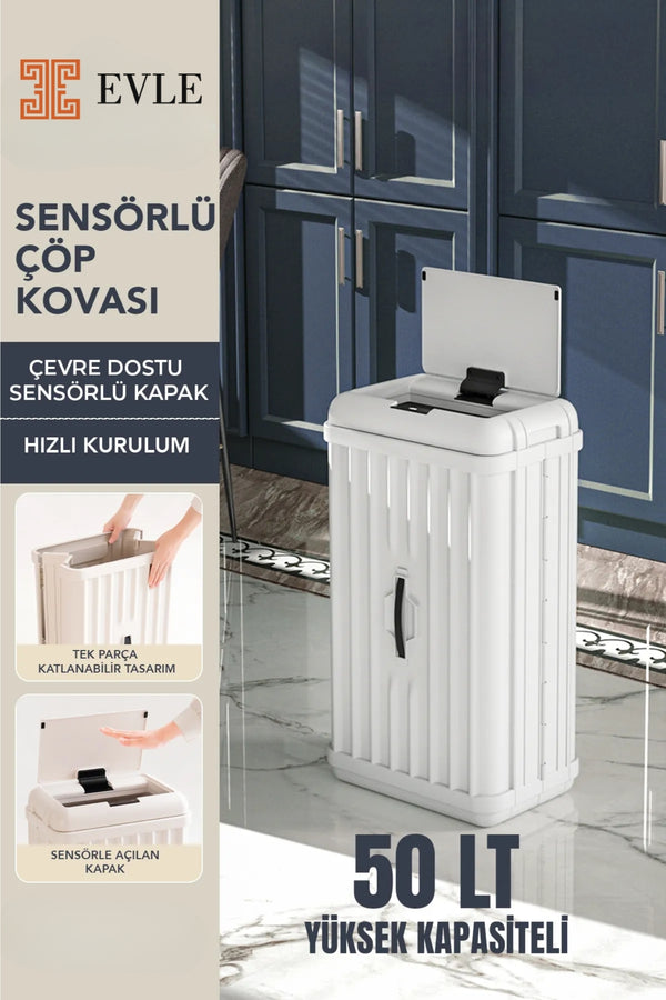 Evle Sensörlü Dekoratif Katlanabilir Plastik Çöp Kovası, 50 lt