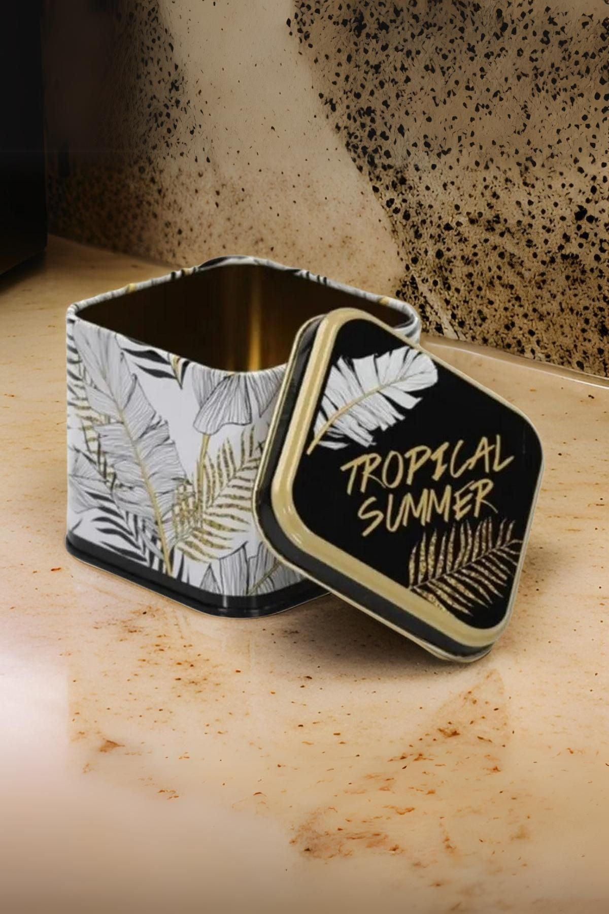 Ef014-q4 Sn_tropical Summer Desenli Kare Metal Saklama Kabı 9x9 Cm