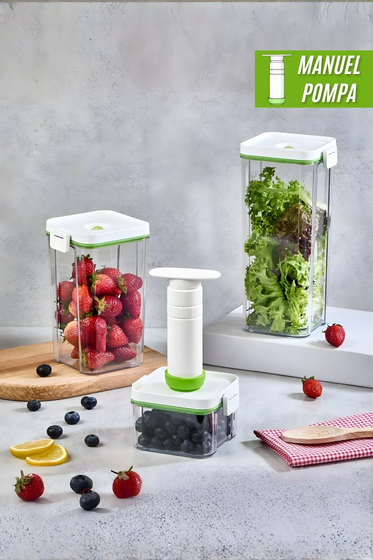 Evle Manuel Pompalı 3 Parça Saklama Kabı Seti 2 lt + 1,3 lt + 0,5 lt