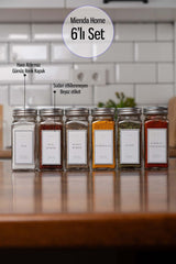 6'lı Cam Baharatlık Seti Gümüş Kapak Ve Beyaz Etiketli Baharatlık